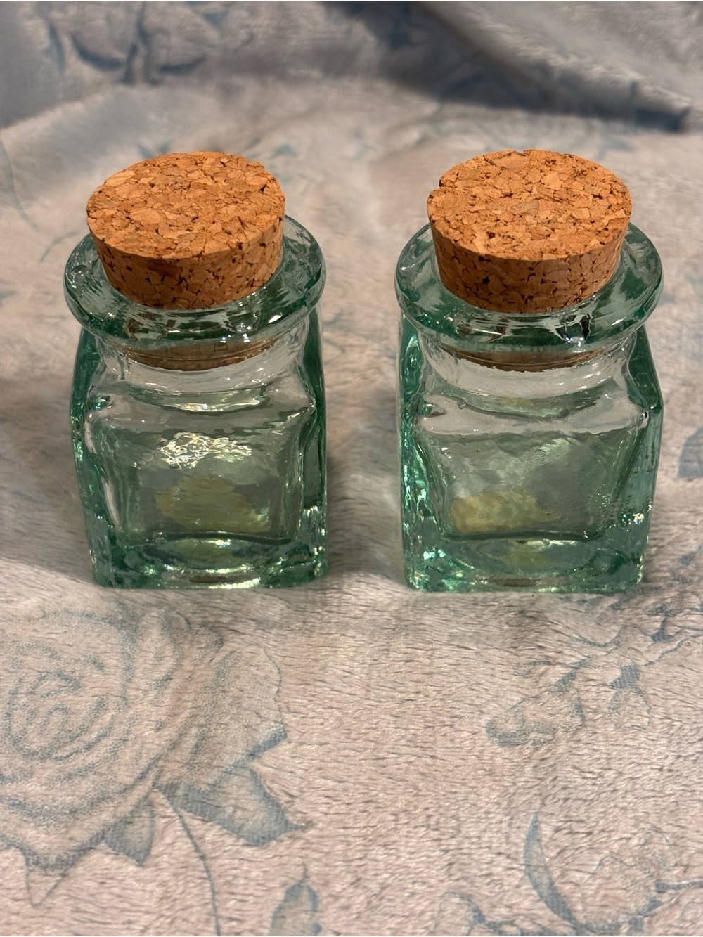 Pair of Vintage Spanish Recycled Glass Bottles with Cork Stoppers